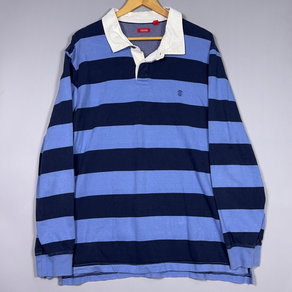 Izod Striped Rugby Polo Shirt Mens Size XXL Cotton Blue Preppy Long Sleeve
